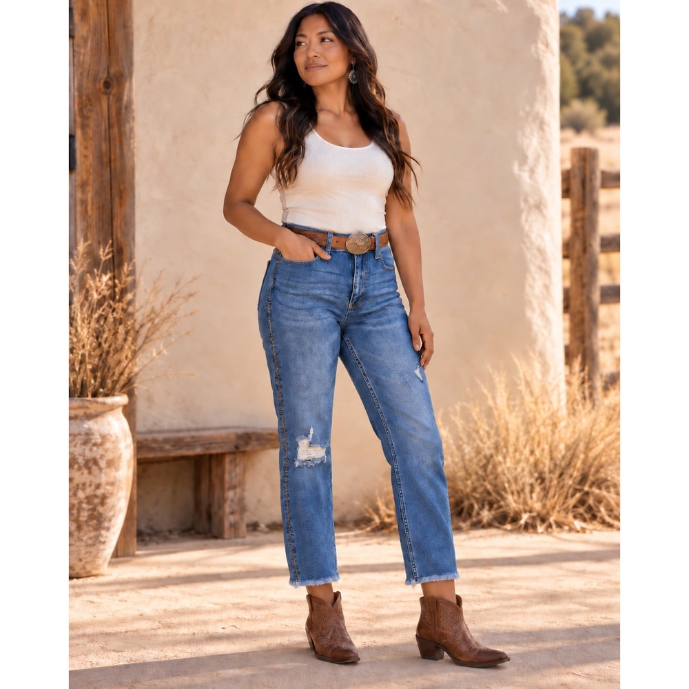Judy Blue Women's 29 Howdy Embroidered Distressed Straight Crop Jeans Western